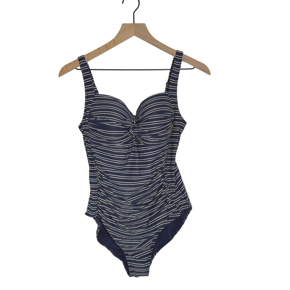 Niptuck Swim Navy White Rope Stripe One Piece Swimsuit Ruched Twist Front‎ US 10